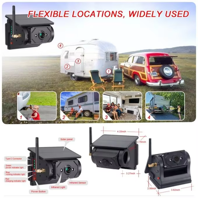 WiFi Solar Panel AHD Wireless Reverse Camera, Built‑in Battery Waterproof Night Vision Backup Camera Support IOS Android Phones for Winnebago RVs & Trucks